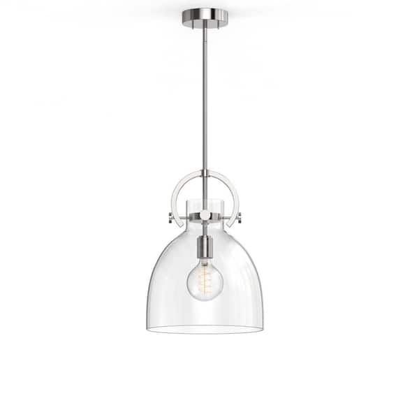 12 in. 1-Light Modern Brushed Nickel Geometric Pendant Light with Clear Glass Shade for Kitchen, Dining, or Foyer Spaces