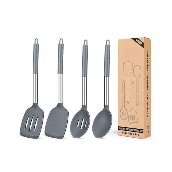 4-Piece Silicone Cooking Utensils Nonstick Cookware Set in Gray for Frying Mixing Serving Draining Turning Stirring