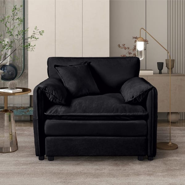 Evelyn Modern Black Chenille Upholstered Accent Chair Oversized Arm Chair with Pillow, Storage, Deep Seat