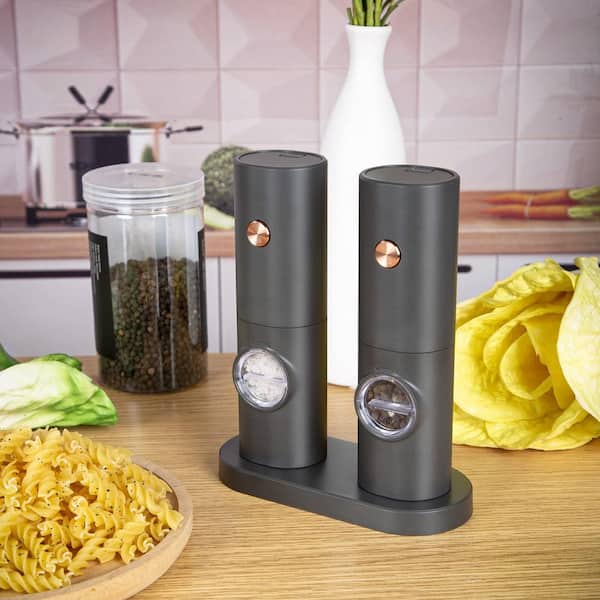 Space Gray Electric Salt and Pepper Grinder Set, Adjustable Coarseness LED Light Pepper Mills with Stand Seasoning Tools