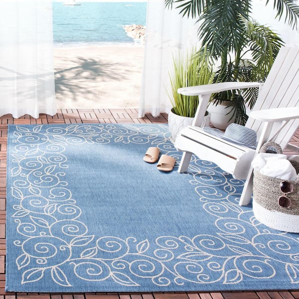 Courtyard Blue/Beige 8 ft. x 8 ft. Square Floral Indoor/Outdoor Patio  Area Rug