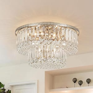 15.8 in. 5-Light Round Drum Brushed Nickel Crystal Tiered Flush Mount Ceiling Light For Living Room Dining Room Bedroom