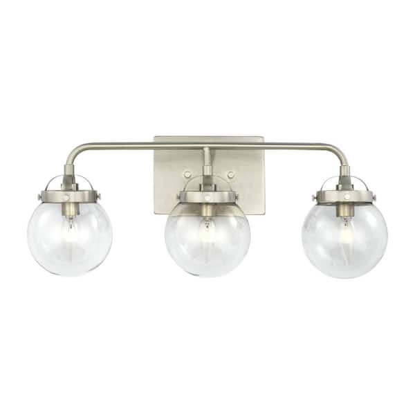Generation Lighting Bryce 21.75 in. 3-Light Brushed Nickel Modern Industrial Bathroom Vanity Light with Clear Round Globe Glass Shades