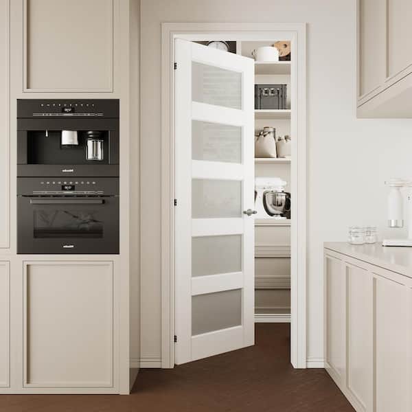 28 in. x 80 in. Solid Core 5-Lite Tempered Frosted Glass White Primed Wood Interior Door Slab