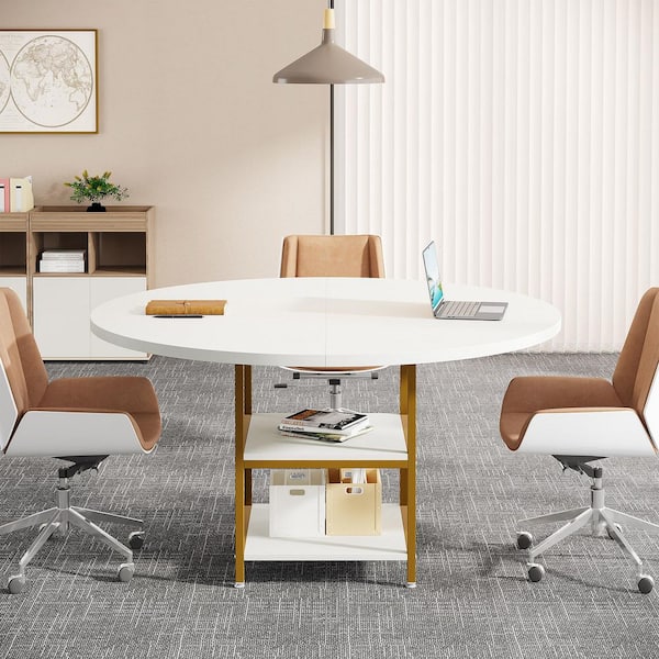 BYBLIGHT Moronia 47.25 in. Round Conference Table with 2 Storage Shelves, Modern Meeting Desk for Boardroom, White and Gold