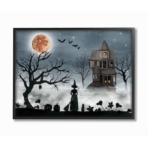 11 in. x 14 in. "Halloween Witch Silhouette in Full Moon Haunted House Scene" by Artist Grace Popp Framed Wall Art