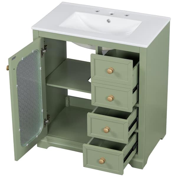 29.92 in. W x 18.35 in. D x 34.06 in. H Single Sink Freestanding Bath Vanity in Green with White Ceramic Top