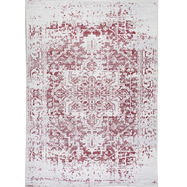 Himalayas Burgundy Creme 5 ft. 8 in. x 8 ft. Machine Washable Modern Abstract Polyester Non-Slip Backing Area Rug