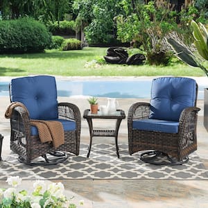 Carlos 3-Piece Brown Wicker Patio Conversation Set with Blue Cushions