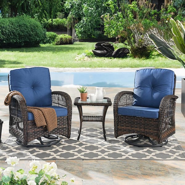 Gymojoy Carlos 3-Piece Brown Wicker Patio Conversation Set with Blue Cushions