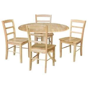 42 in. 5-Piece Natural Solid Wood Round Drop-leaf Table with 4-Side Chairs Set