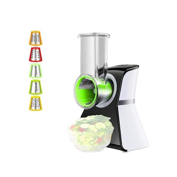 5-in-1 Electric Cheese Grater Slicer Salad Maker White with 1-Touch Control and Safety Push Bar for Kitchen
