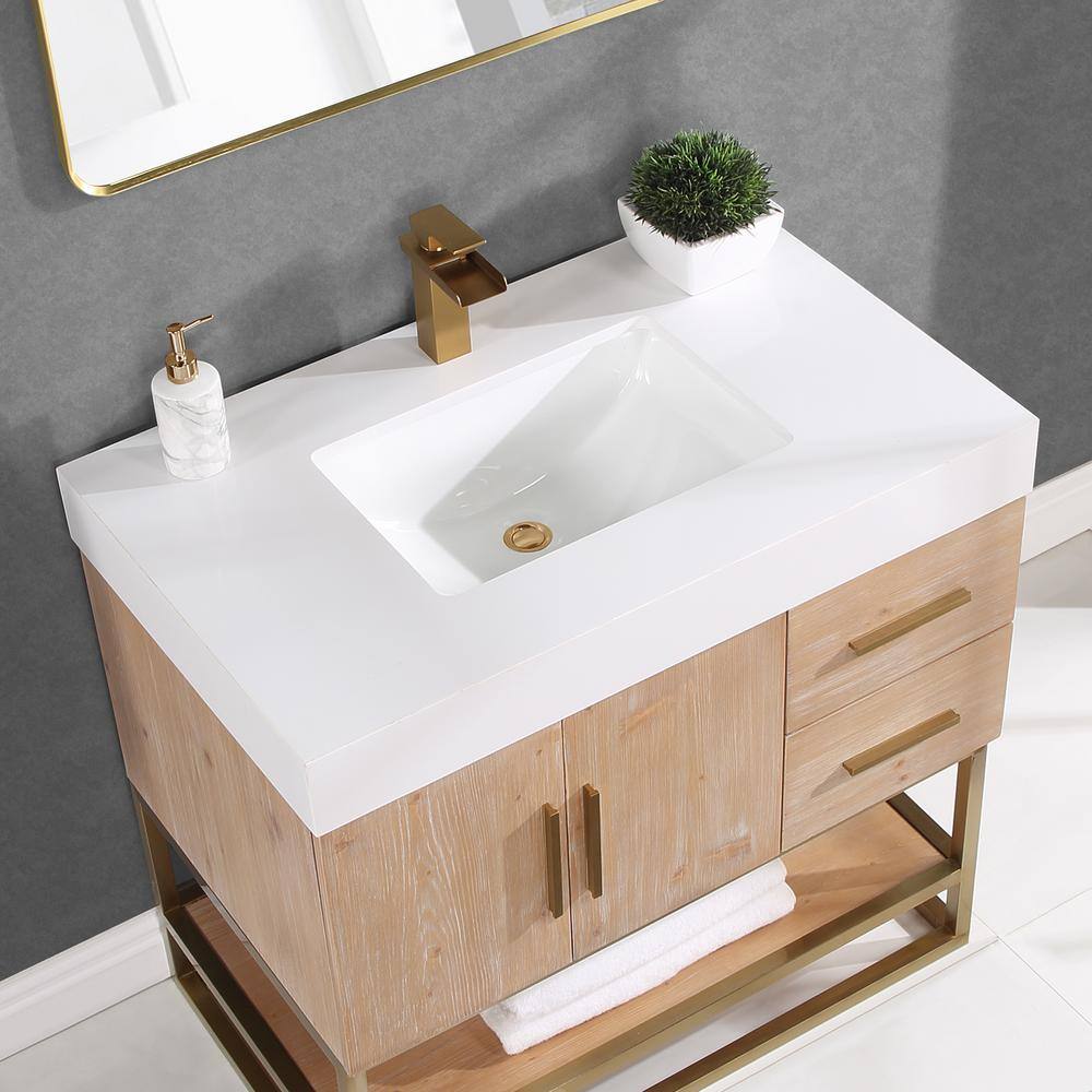 Bianco 36" Light Brown Wood Vanity with White Stone Top