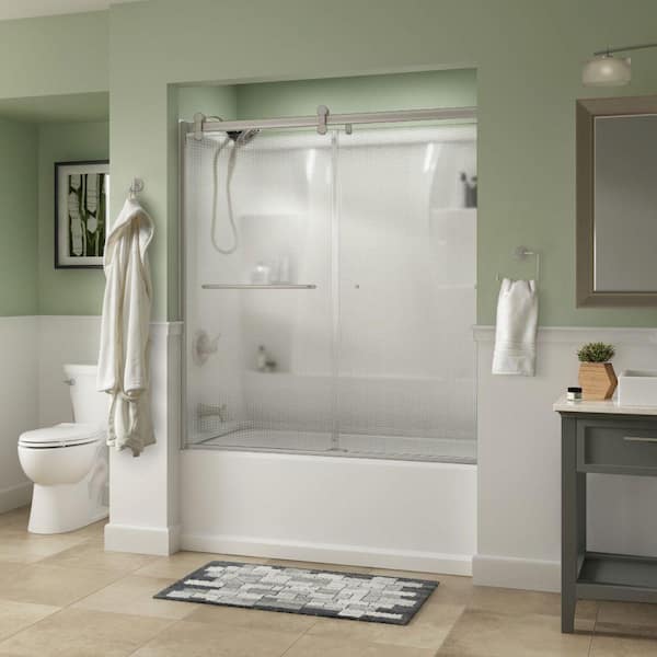 Delta Simplicity Contemporary 50-1/8 to 58-1/2 in. W in. x 58-3/4 in. H Frameless Sliding Tub Door, Nickel, Droplet Glass