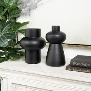 Black Glass Decorative Vase with Various Shapes and Wide Rounded Centers (Set of 2)