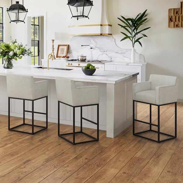 LUE BONA Hampton 30 in. Beige Gray Modern Linen Upholstered Bar Stool Square Metal Frame Counter Height Bar Stool (Set of 3)