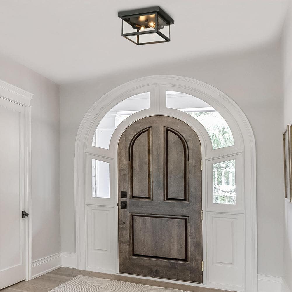 Modern Matte Black 2-Light Flush Mount with Clear Glass Shade