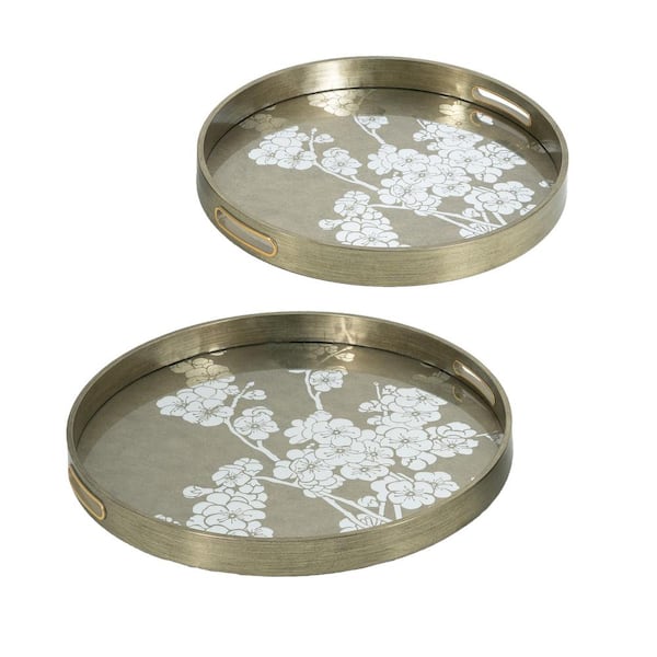Round Silver Plastic Mirror Trays with Floral Motif-Set of 2-L: D17. 5x1. 5 in. S: D 14. 5 x 1. 5 in.