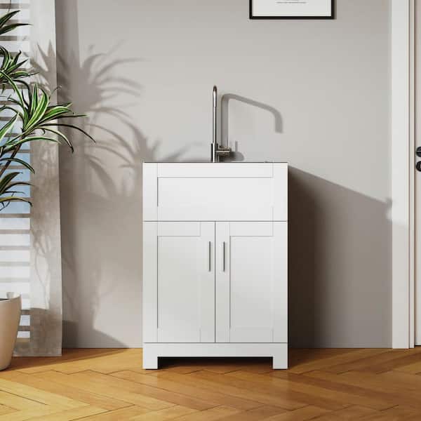 Tileon Stainless Steel Drop-In Laundry Sink with Cabinet and Faucet Combo in White