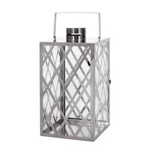 18 in. H Stainless Steel Rectangle Lantern with Flat Top for and Cap and Wire Handle Patio Garden, Silver