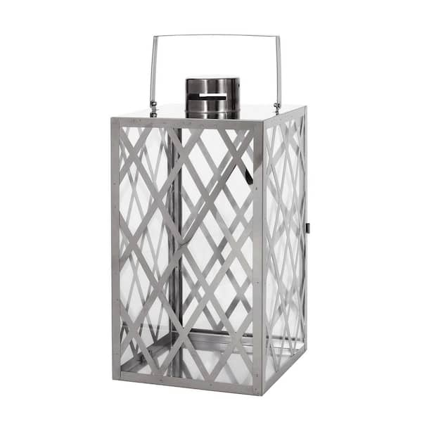 Angel Sar 18 in. H Stainless Steel Rectangle Lantern with Flat Top for and Cap and Wire Handle Patio Garden, Silver