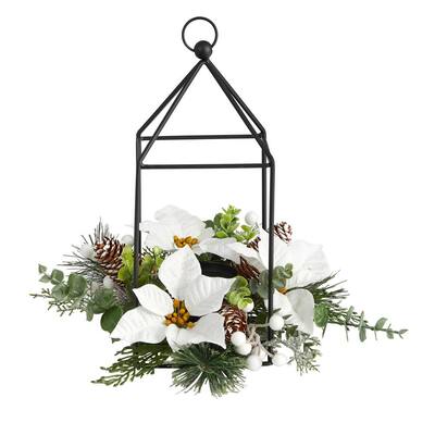 14 in. Unlit Holiday White Poinsettia, Berries and Pine Cone Metal Candle Holder Table Christmas Artificial Arrangement