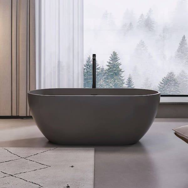 Pure 59 in. x 29.5 in. Solid Surface Stone Resin Freestanding Flatbottom Soaking Bathtub in Matte Gray