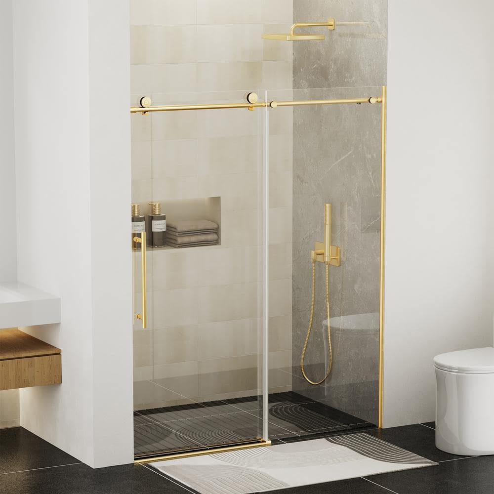 Brushed Gold Semi-Frameless Sliding Shower Door with Clear Glass