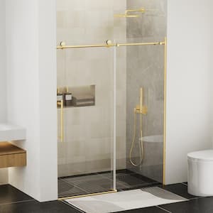 56 in. to 60 in. x 75 in. Semi-Frameless Sliding Shower Door in Brushed Gold with Explosion-Proof Film Glass