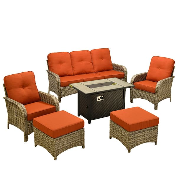 Beverly Gray 6-Piece Wicker Outdoor Patio Conversation Sofa Set with Metal Fire Pit and Orange Red Cushions