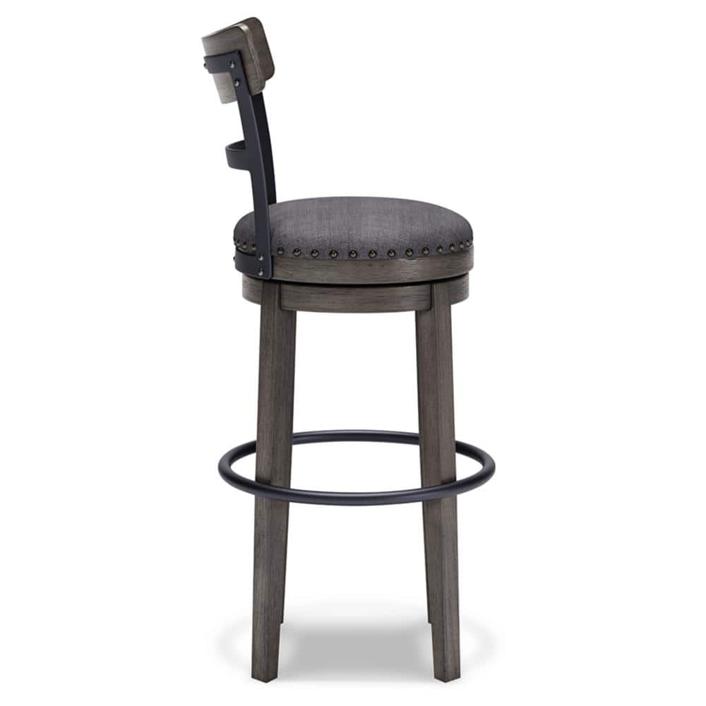Antiqued Gray Wash Swivel Barstool with Cushioned Seat and Nailhead Trim