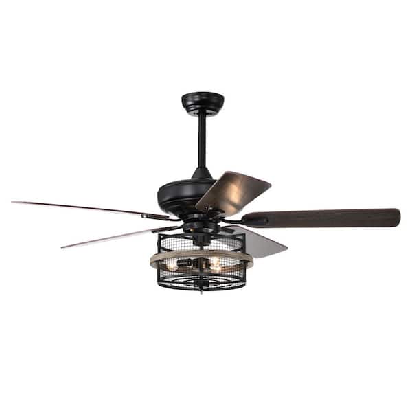 HKMGT Farmhouse 52 in. Indoor Black Ceiling Fan with Industrial Cage Lampshade, 2-Color-Option Blades and Remote Included