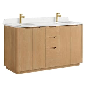 Abuja 60 in. W x 22 in. D x 33.9 in. H Double Bath Vanity in Washed Ash Grey with White Engineered Stone Top