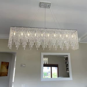 48 in. Modern 10-Light Chrome Crystal Chandelier Rectangle Pendant Lighting with Tassel Bead Waterfall Prism