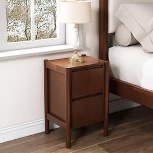 14.2 in. Mid Century Retro Pine Wood 2-Drawer Rich Walnut Nightstand Bedside Table for Bedroom, Living Room