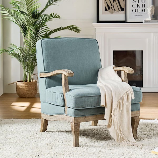 Quentin Blue Farmhouse Wooden Upholstered Arm Chair with Wooden Legs and Foot Pads Protecting the Floor