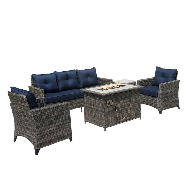 moda furnishings Melinda Gray 5-Piece Outdoor Rattan Wicker Patio Fire Pit Conversation Sofa Set, Blue Cushions