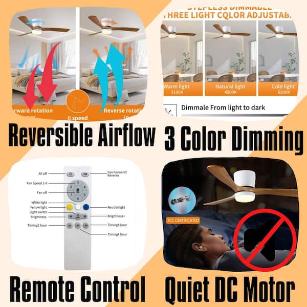 52 in. Brown Wood Ceiling Fans Flush Mount with Lights and Remote 6 Speed DC Motor