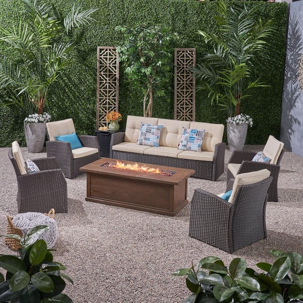 Sanger Dark Brown 7-Piece Faux Rattan Outdoor Patio Fire Pit Conversation Set with Beige Cushions