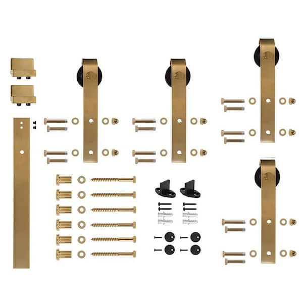96 in. Satin Brass Sliding Barn Door Hardware Track Kit for Double Wood Doors
