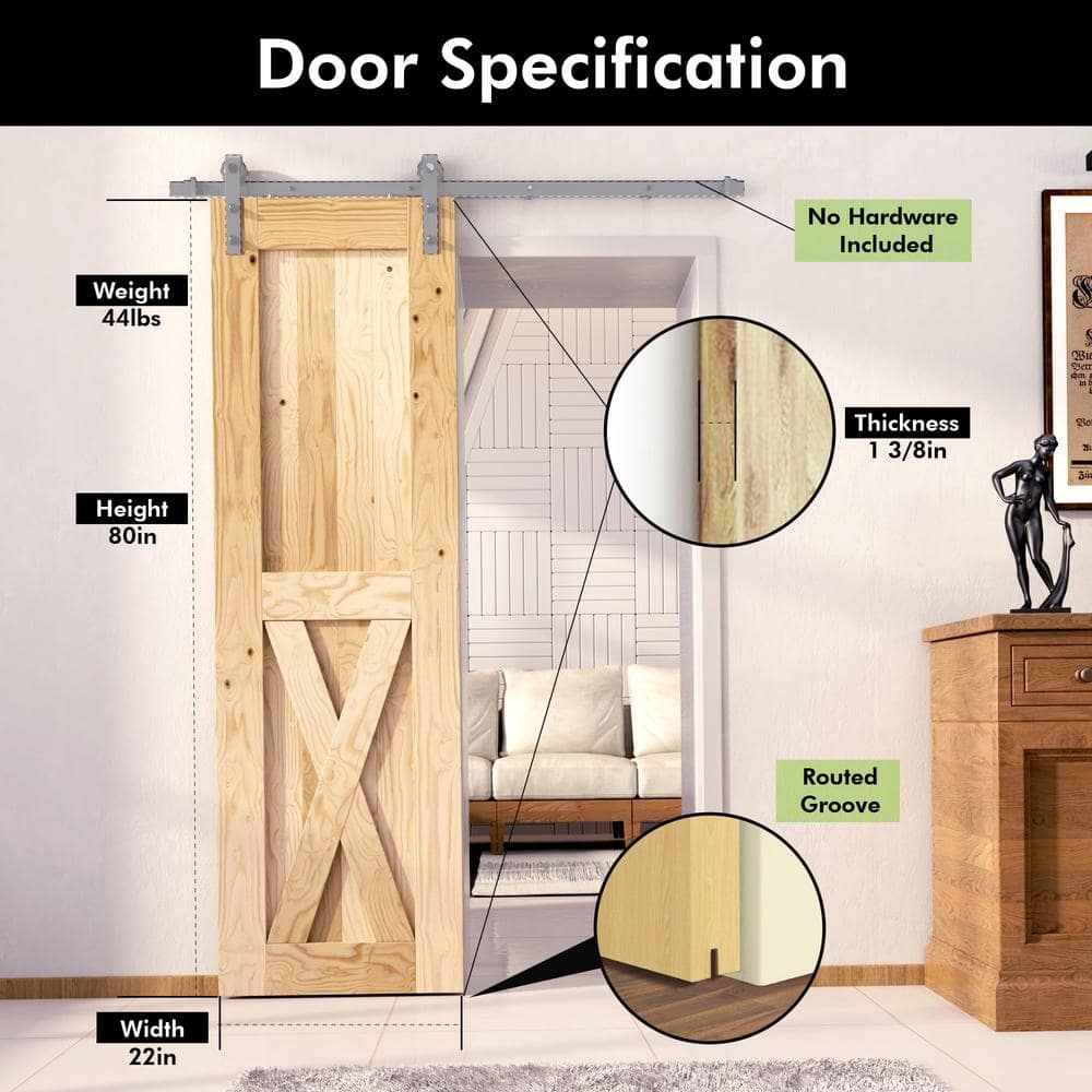 22" x 80" Unfinished Solid Pine Wood Sliding Barn Door