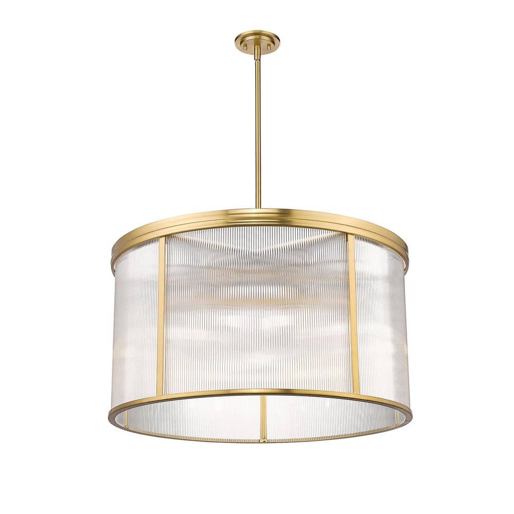 Modern Gold 9-Light Drum Chandelier with Ribbed Glass
