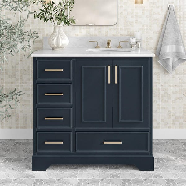 ARIEL Stafford 37 in. W x 22 in. D x 35.25 in. H Right Single Sink Bath Vanity in Midnight Blue with Carrara White Marble Top
