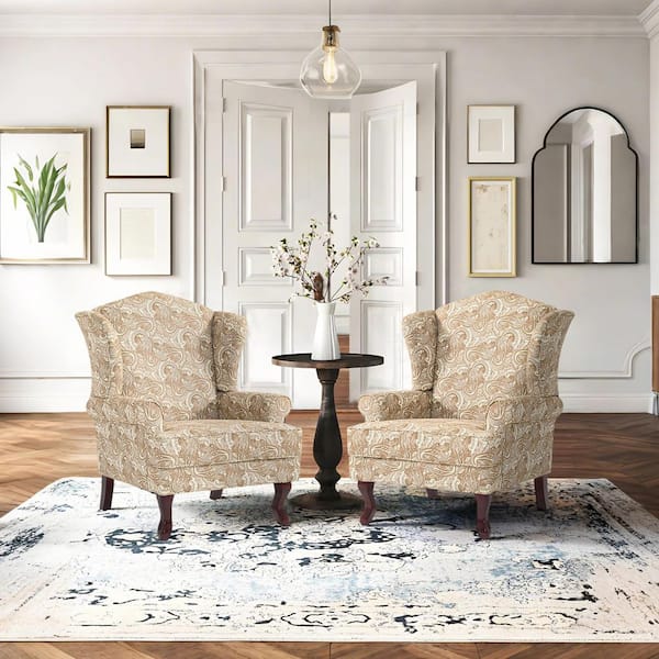 Paisley Sand Linen Wood Legs Upholstered Accent Arm Chair with Wingback (Set of 2)