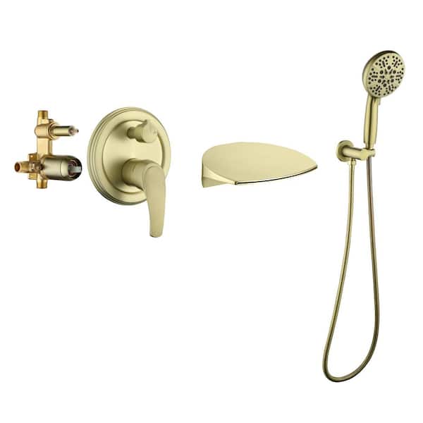 PERLIRIA INC Bathtub Faucet with Hand Shower, Waterfall Single-Handle Wall Mount Roman Tub Filler and Shower Faucet Set Brushed Gold