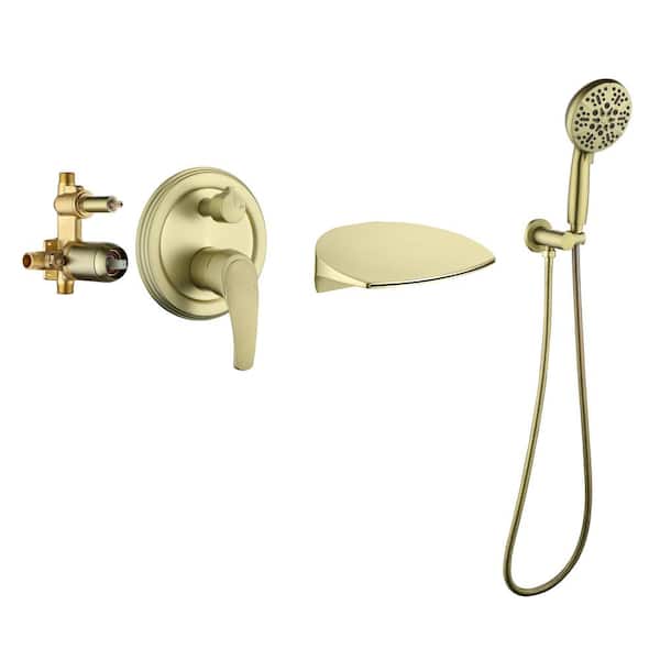 Unbranded Bathtub Faucet with Hand Shower, Waterfall Single-Handle Wall Mount Roman Tub Filler and Shower Faucet Set Brushed Gold