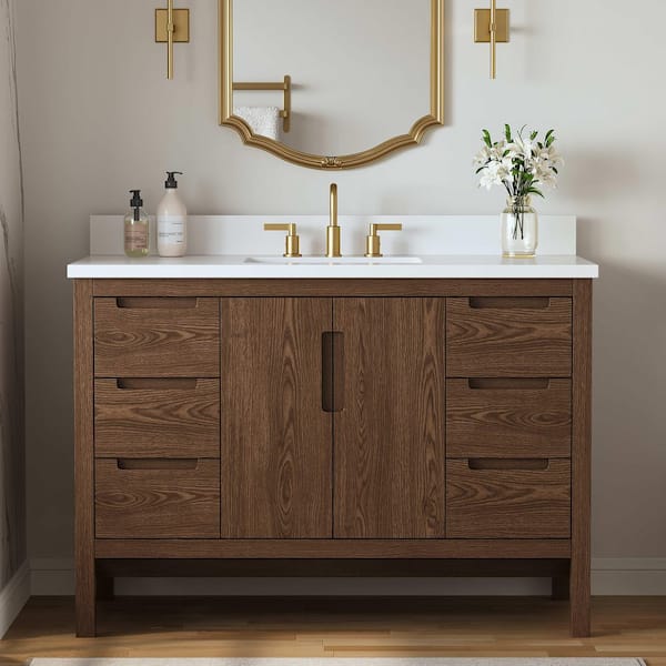 Malia 49 in. Single Sink Freestanding Brown Bath Vanity with White Quartz Top and Backsplash Assembled