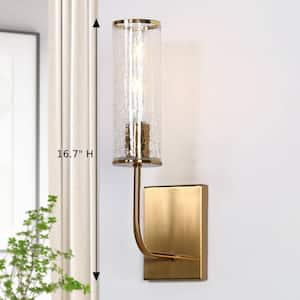 Modern 1-Light Brass Wall Sconce 16.7 in. H Cylinder Candlestick Upward Downward Vanity Light with Cracked Glass Shade