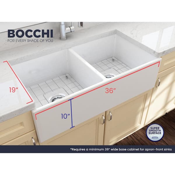 Contempo Farmhouse Apron Front Fireclay 36 in. Double Bowl Kitchen Sink with Bottom Grid and Strainer in White