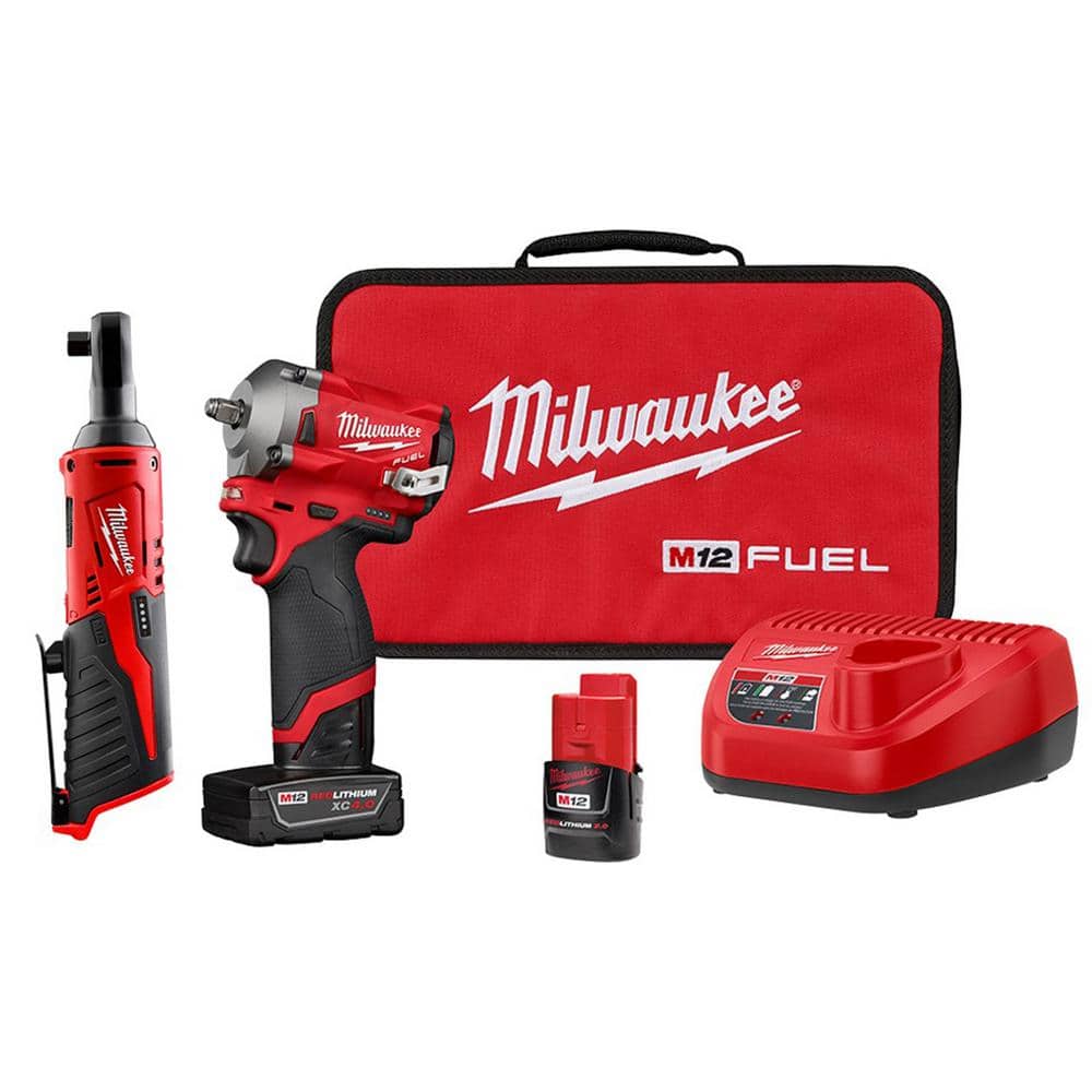 Milwaukee M12 FUEL 12V Lithium-Ion Brushless Cordless Stubby 3/8 in. Impact Wrench Kit with M12 3/8 in. Ratchet -  2554-22-2457-20